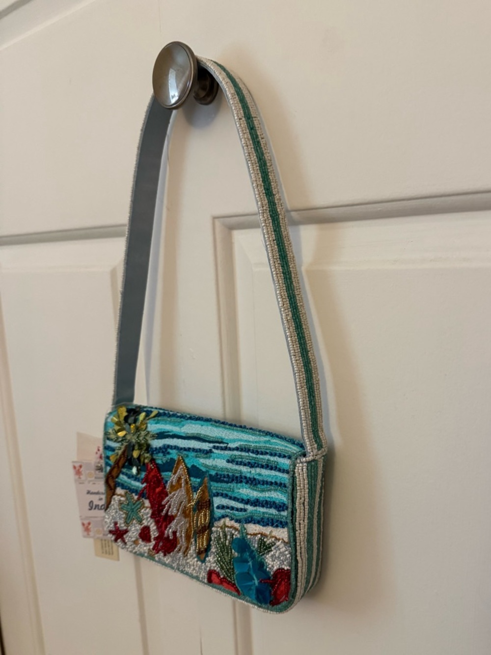 India Beaded Bag Turquoise Ocean Beach Surf Boards & Palm Tree - Picture 5 of 9
